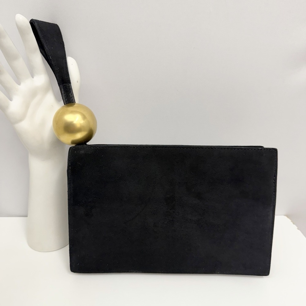 Vintage Donna Karan New York Suede Clutch Bag Purse Black Jumbo Gold Ball ARTSY